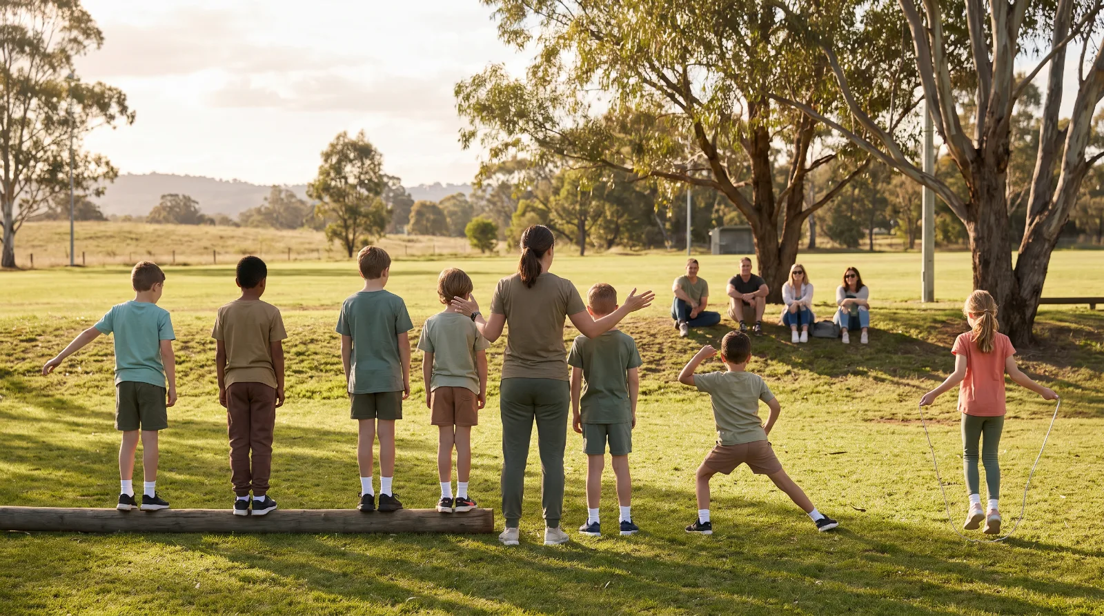 Children practice movement skills with a coach as parents watch from the sidelines at a sunlit community sports ground.